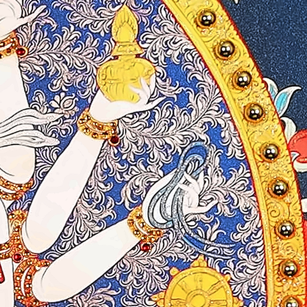 Cundi thangka detail: eighteen arms holding a vase, a wheel and other implements