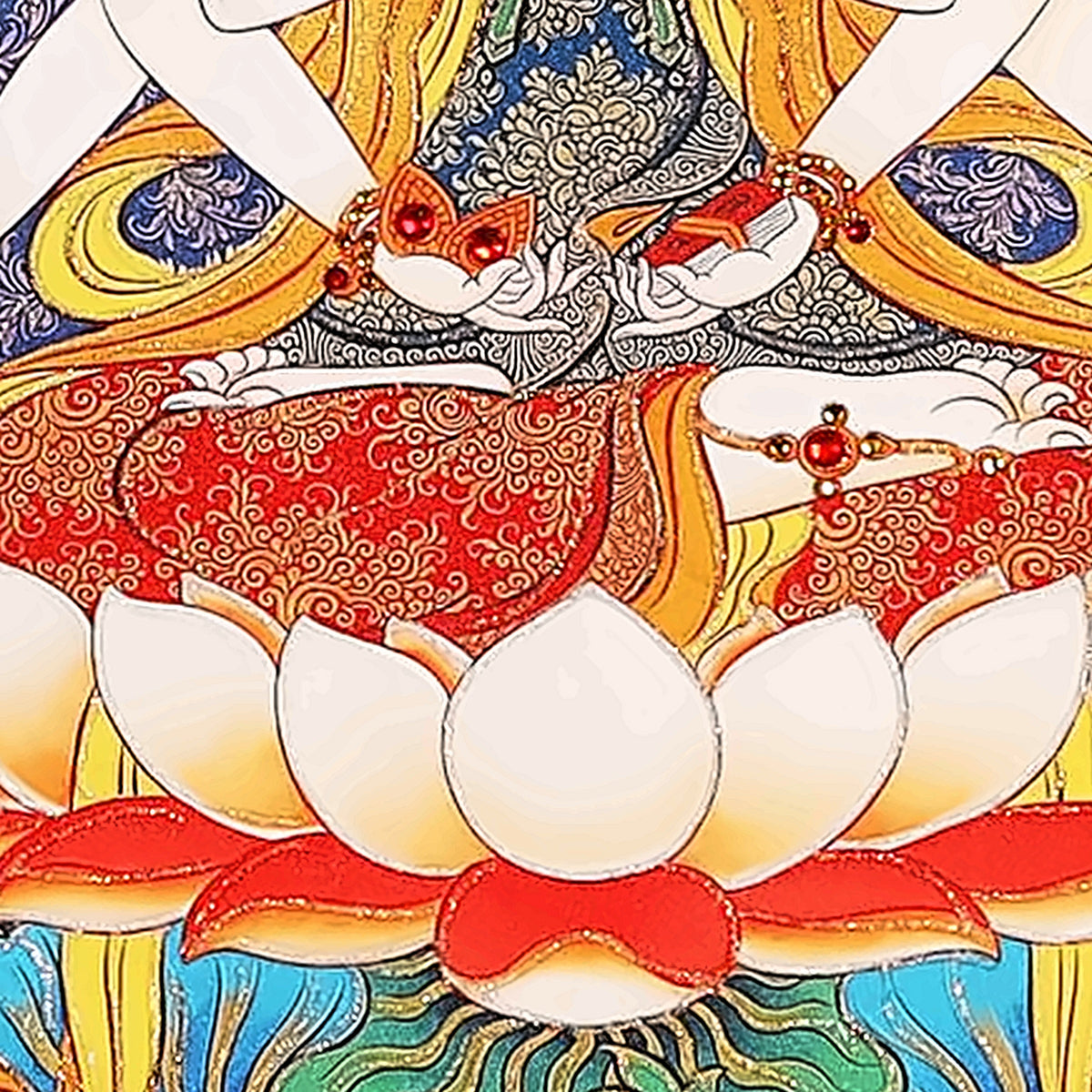 Cundi thangka detail: white and pink lotus seat