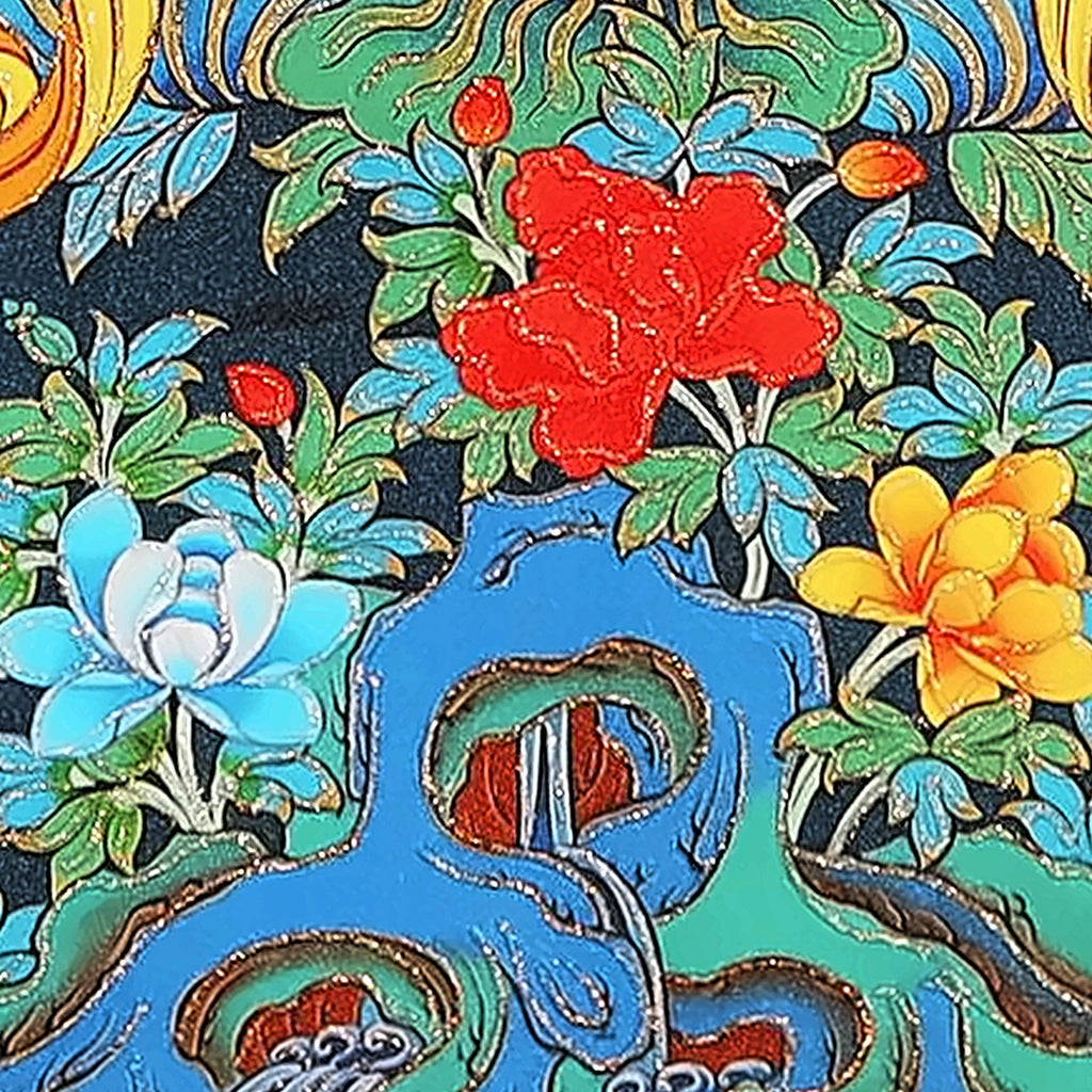 Cundi thangka detail: peonies and blue rocks below