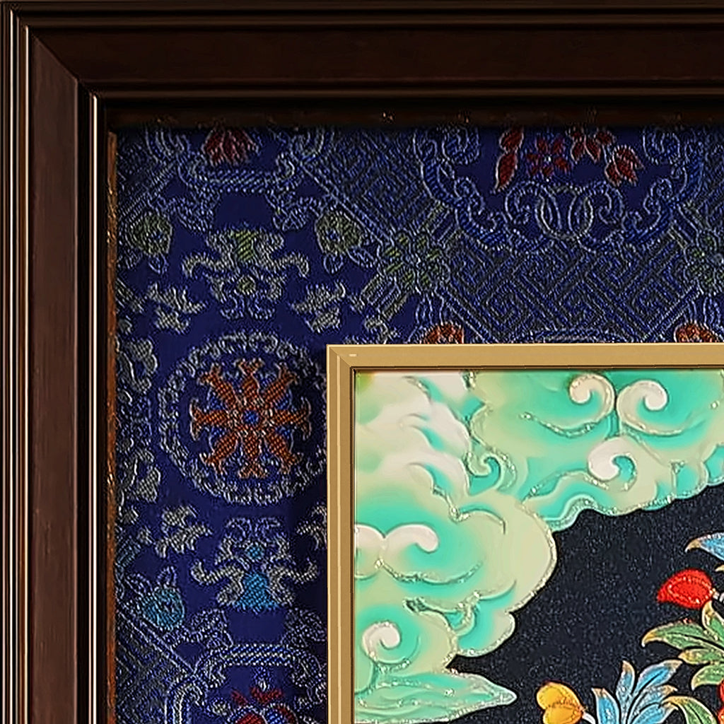 Cundi thangka detail: corner of the blue silk brocade frame-within-a-frame