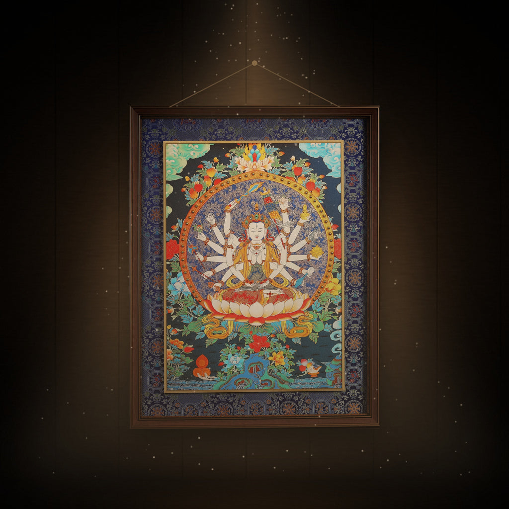 Cundi thangka hanging in a room under warm light