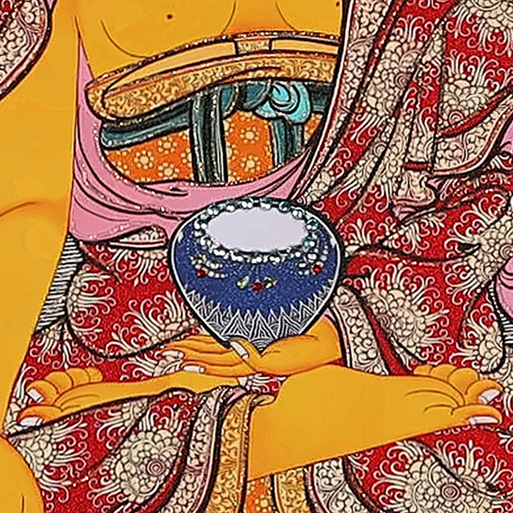 Shakyamuni thangka detail: hands in the earth-touching gesture and holding a blue alms bowl