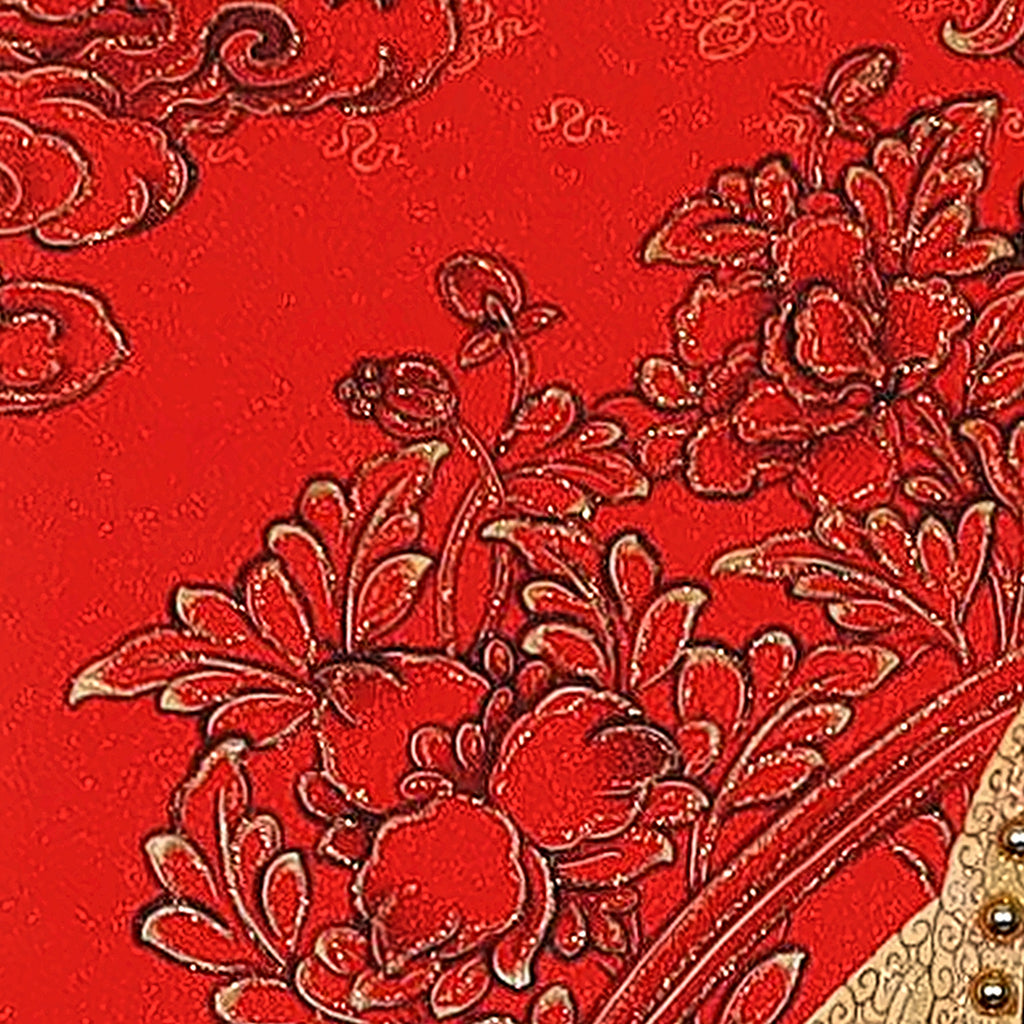 Shakyamuni thangka detail: red peonies on the red ground
