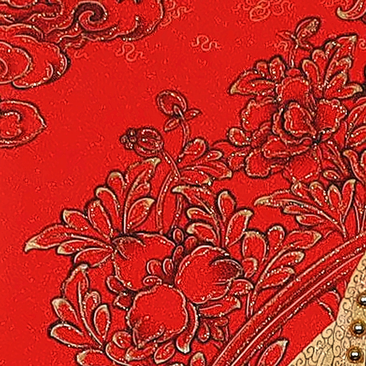 Shakyamuni thangka detail: red peonies on the red ground