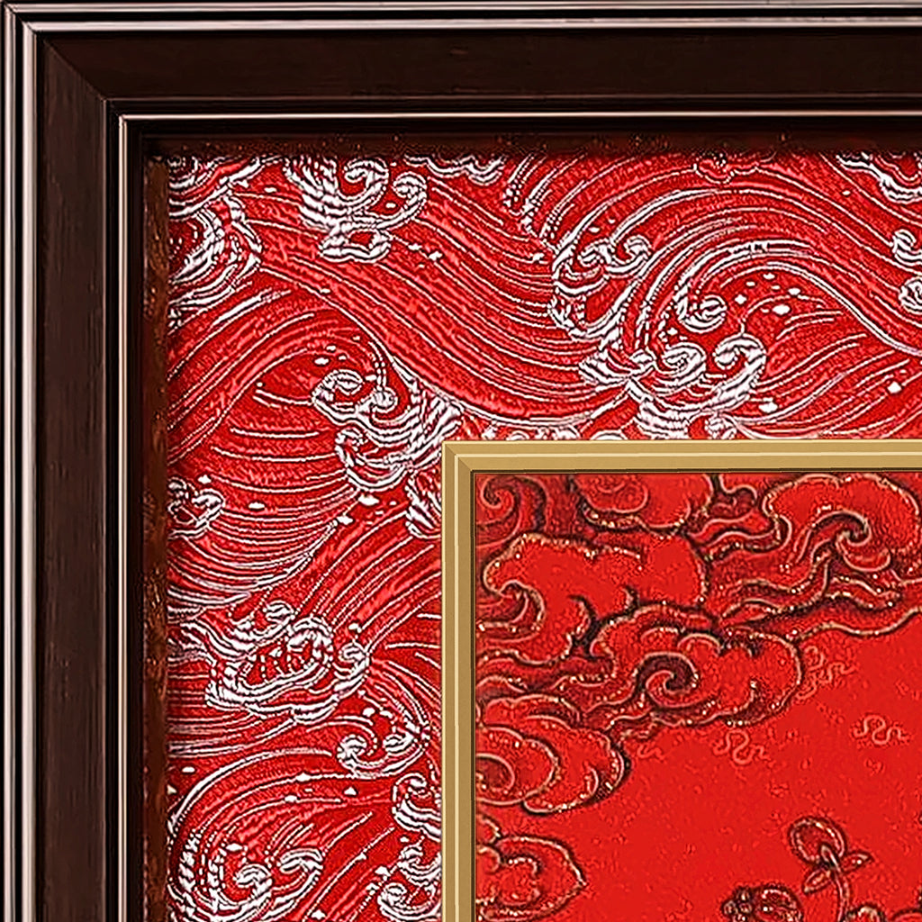Shakyamuni thangka detail: corner of the red silk brocade frame-within-a-frame