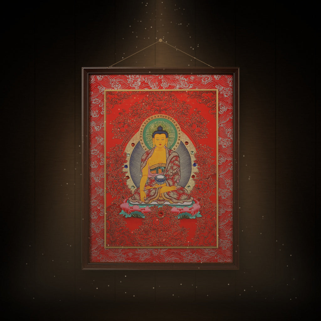 Shakyamuni Buddha thangka hanging in a room under warm light