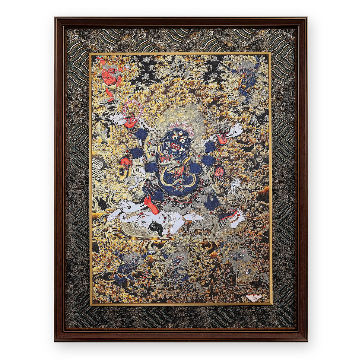 Six-Armed Mahakala black and gold thangka, framed in Ink & Gold silk brocade, on a white background