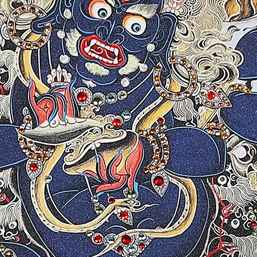 Six-Armed Mahakala thangka detail: jewelled ornaments set with red crystals on his chest