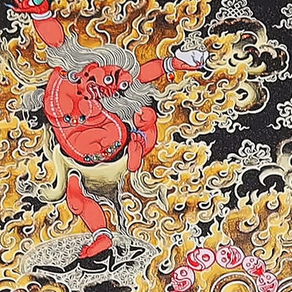 Six-Armed Mahakala thangka detail: red attendant figure among the golden flames