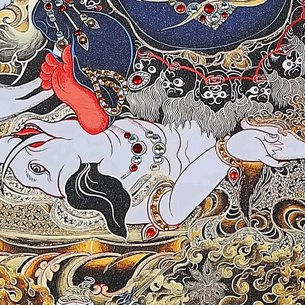Six-Armed Mahakala thangka detail: white elephant-headed figure beneath his feet