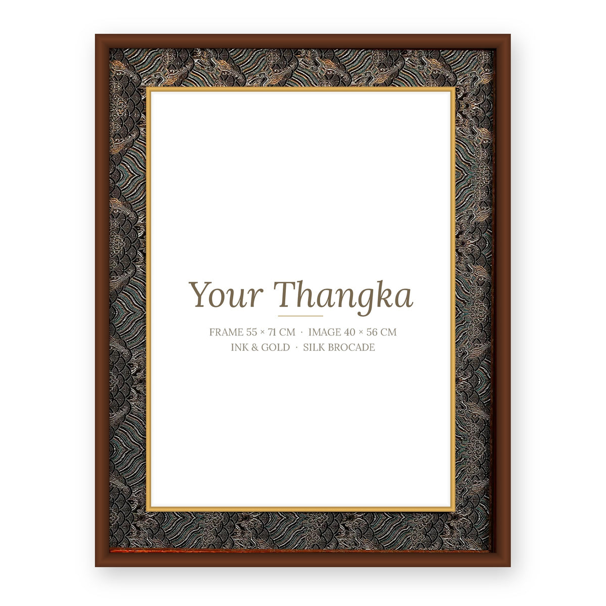 Thangka frame option Ink & Gold: black and gold silk brocade, frame 55 x 71 cm