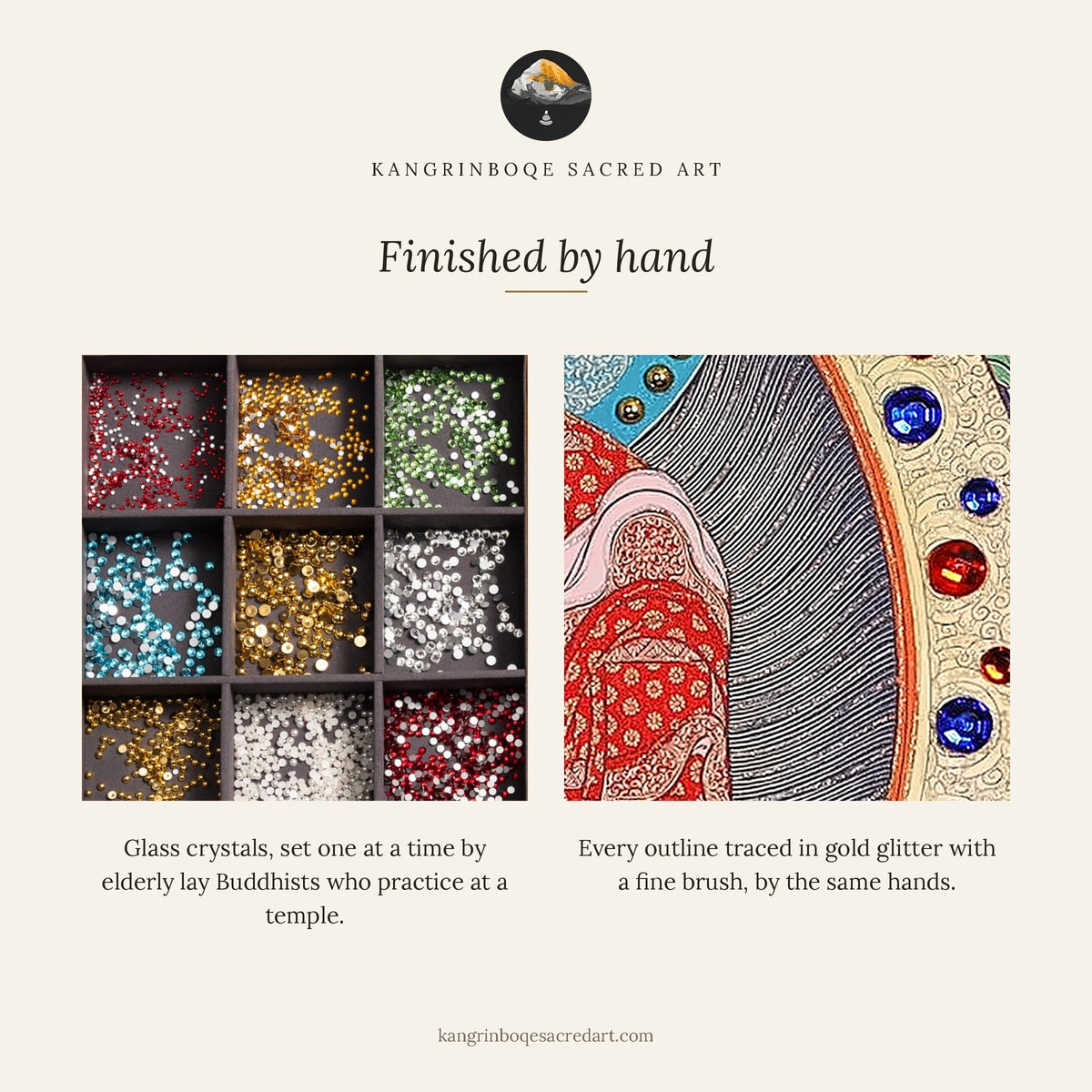 Glass crystals set by hand and outlines traced in gold glitter on a thangka