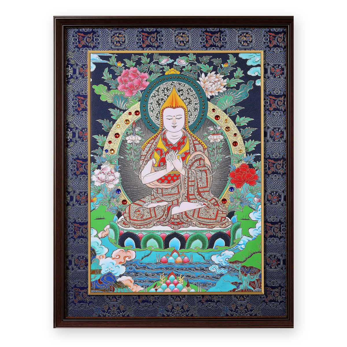 Je Tsongkhapa thangka with yellow pandita hat on a night-blue ground, framed in Night Sky silk brocade, on a white background