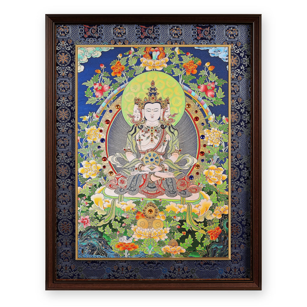 Four-faced Vairocana Buddha thangka with peonies and a rainbow, framed in Night Sky silk brocade, on a white background