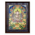 Four-faced Vairocana Buddha thangka with peonies and a rainbow, framed in Night Sky silk brocade, on a white background