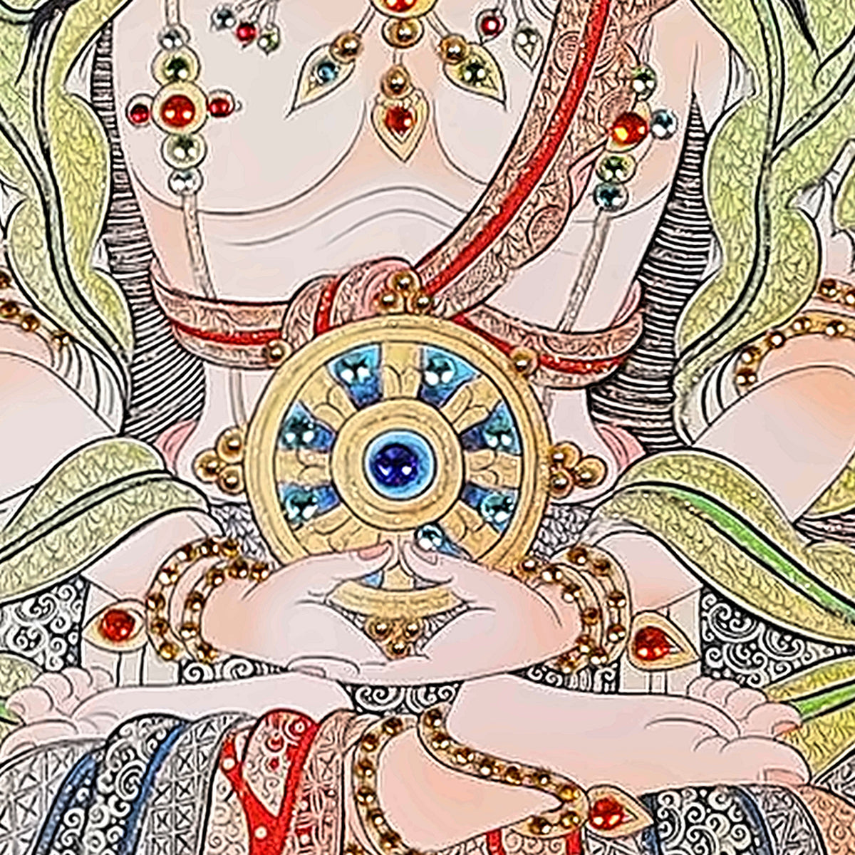 Vairocana thangka detail: golden wheel with a blue crystal held at his heart