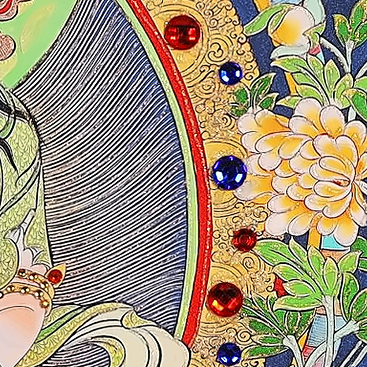 Vairocana thangka detail: red and blue crystals along the gold mandorla