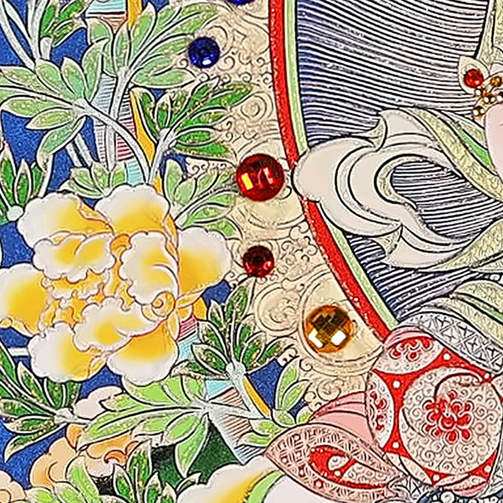 Vairocana thangka detail: yellow peonies beside the mandorla