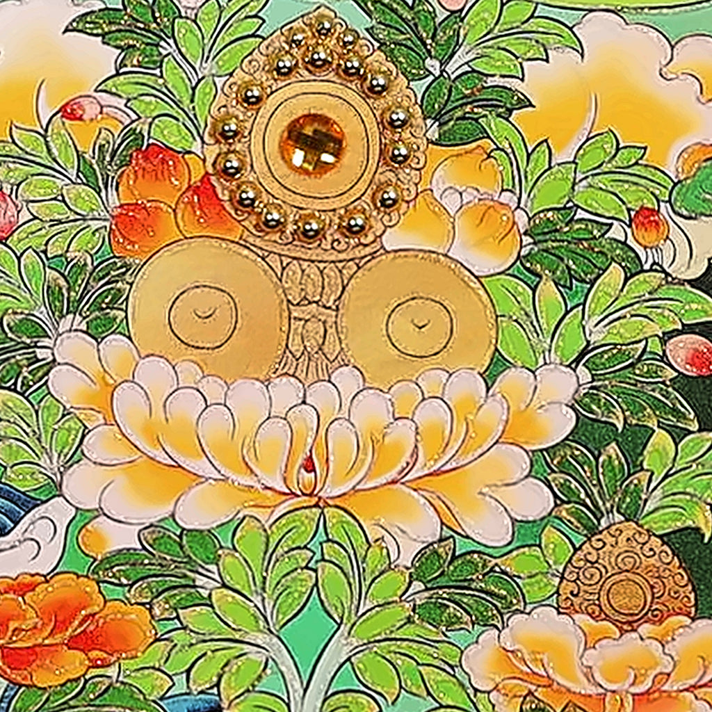 Vairocana thangka detail: jewel offering on a lotus below