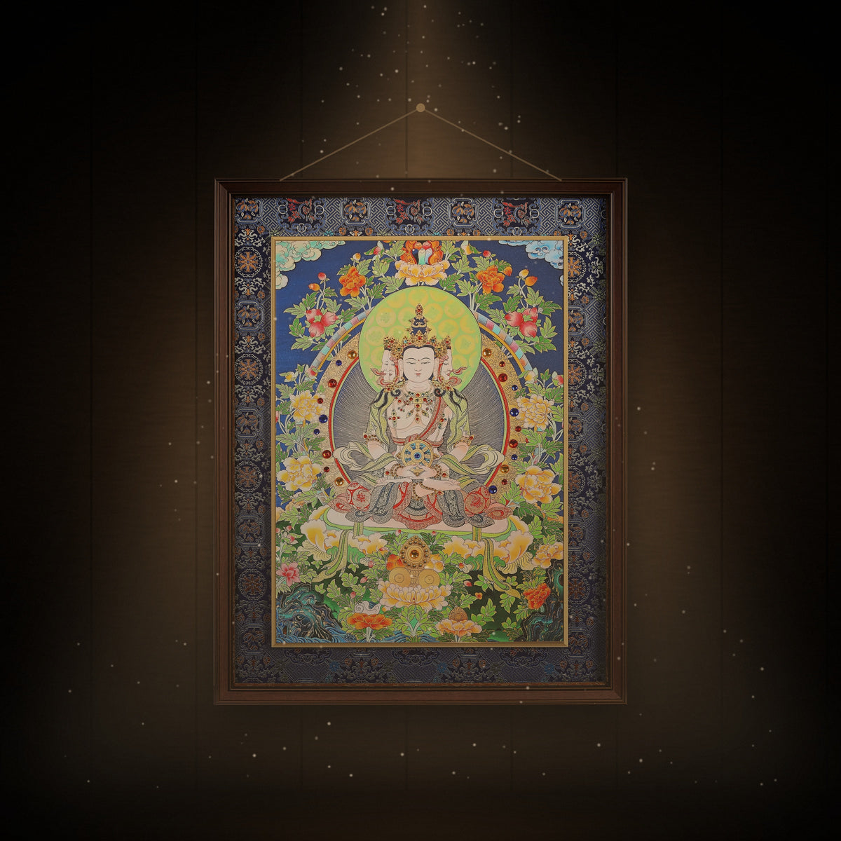 Vairocana thangka with peonies hanging in a room under warm light