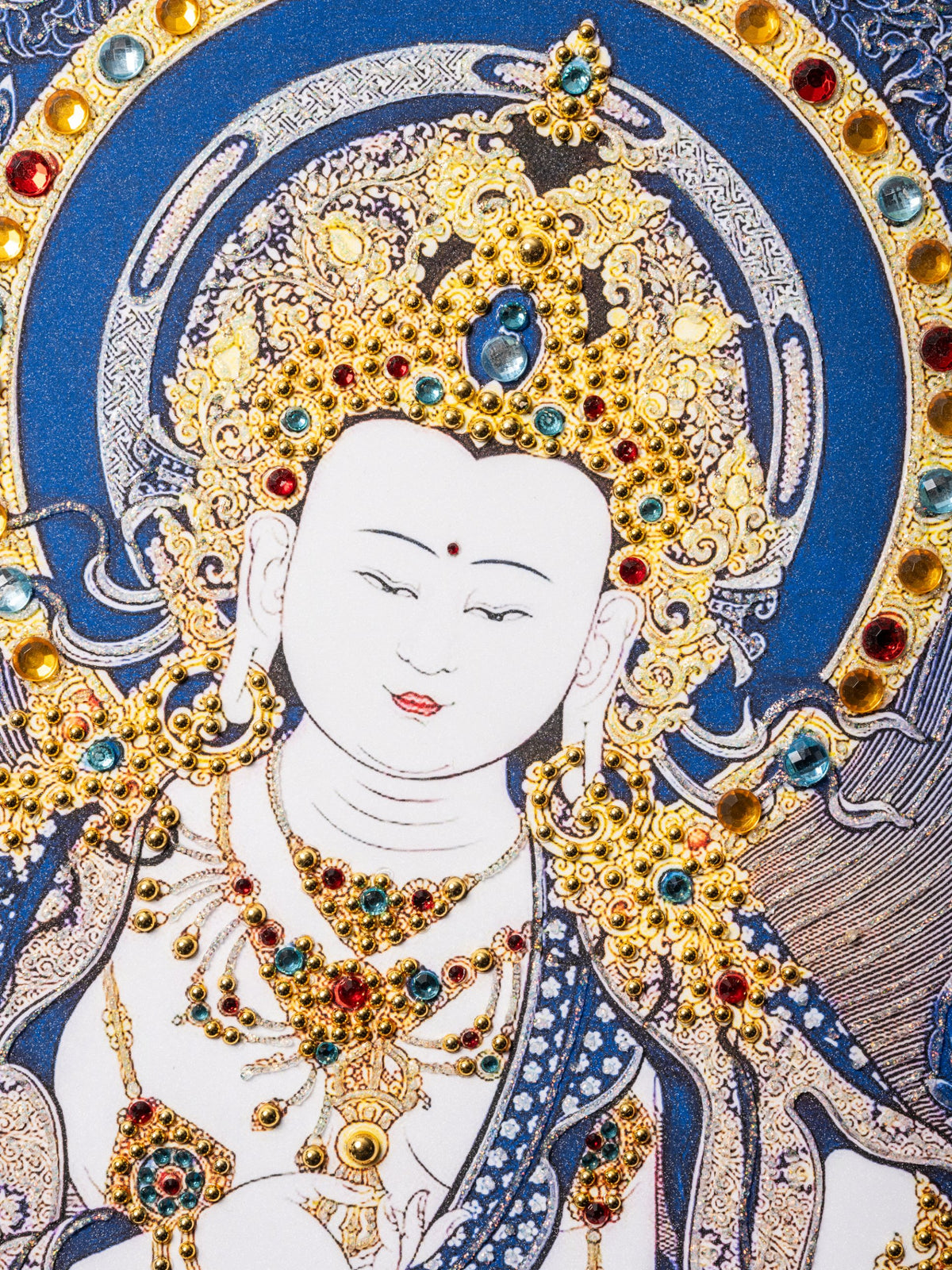 Vajrasattva thangka detail: crown and necklace set with gold beads and coloured crystals