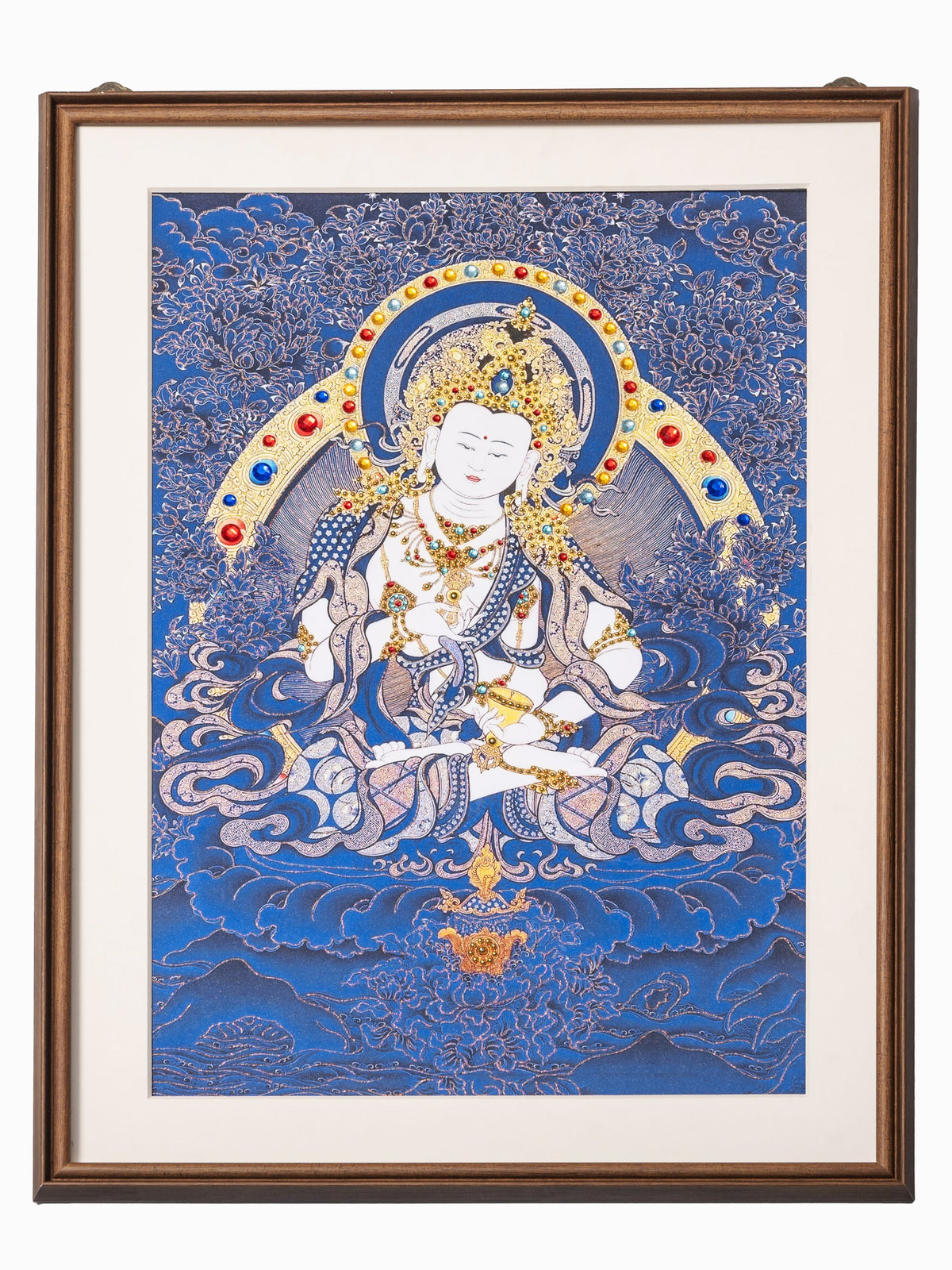 Vajrasattva thangka, framed, white figure on a deep blue ground with hand-set crystals