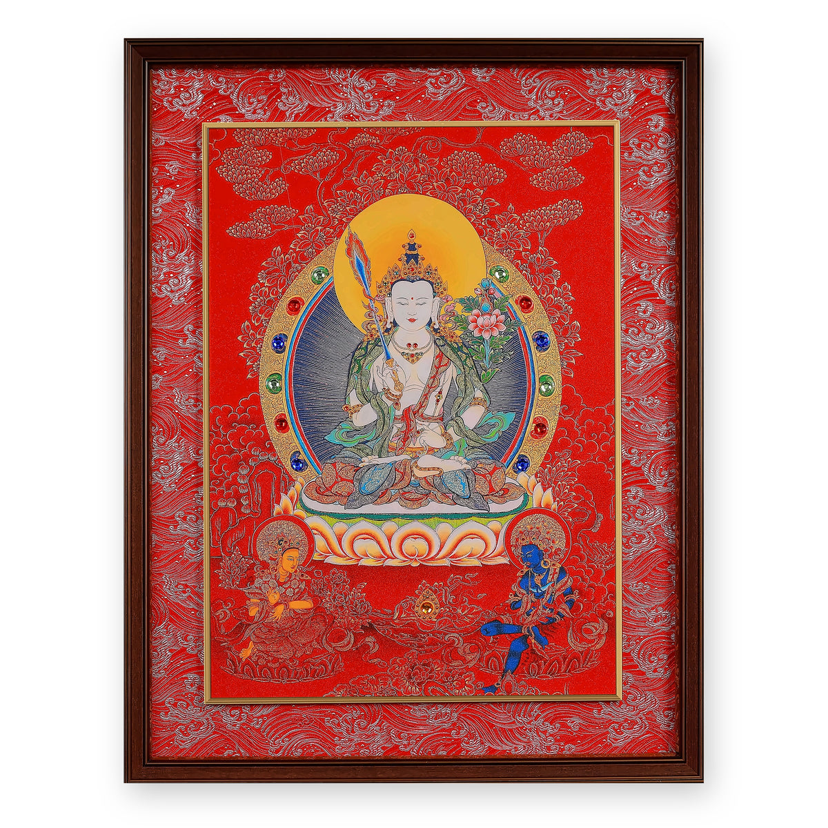 White Manjushri thangka with flaming sword on a red ground, framed in Crimson Cloud silk brocade, on a white background