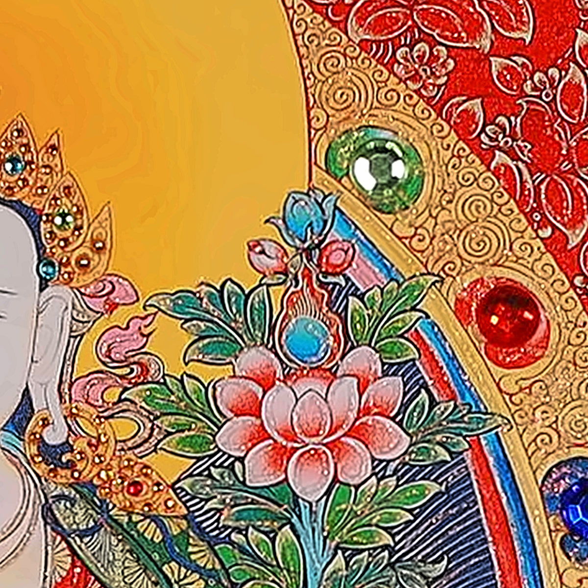 White Manjushri thangka detail: lotus opening beside the mandorla