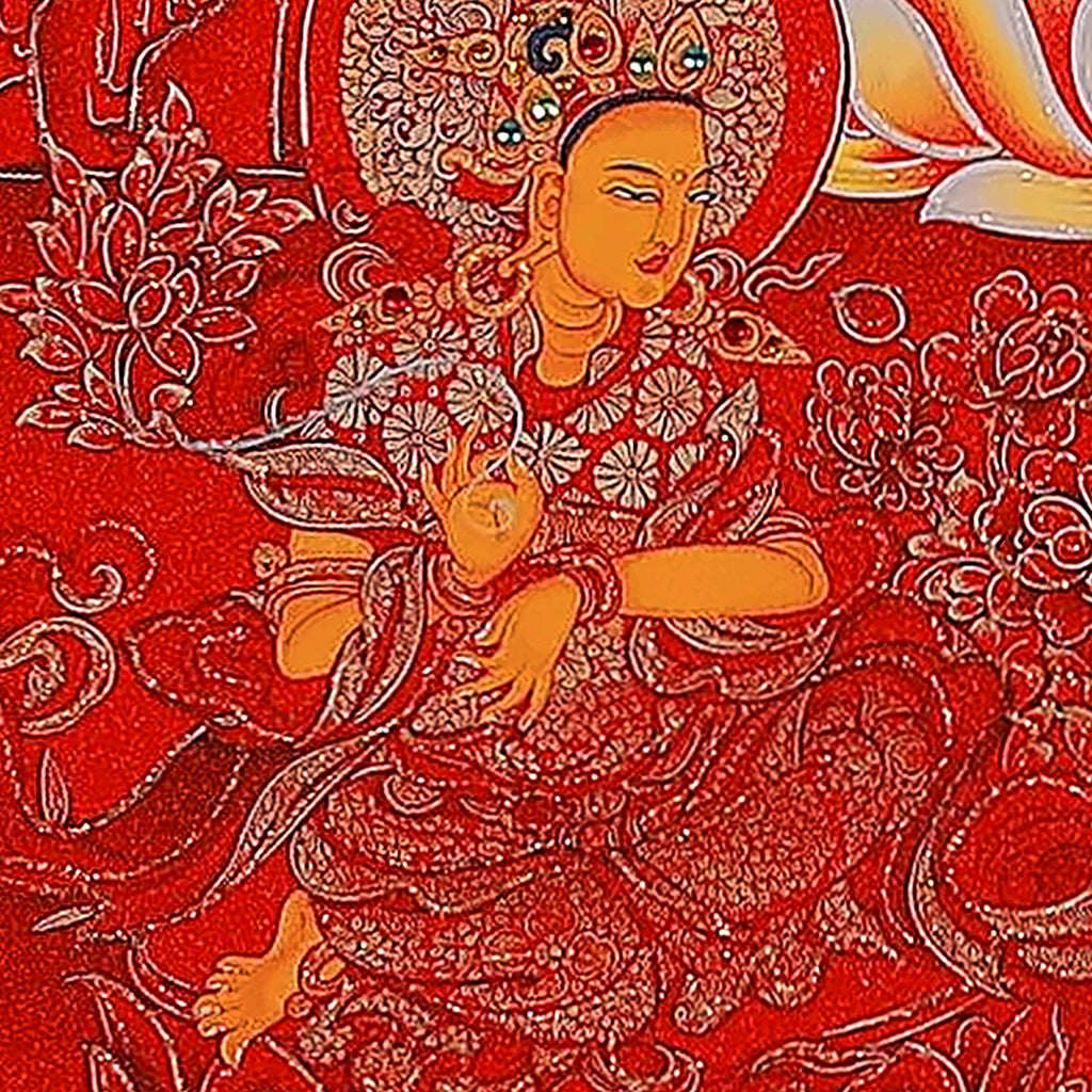 White Manjushri thangka detail: golden figure seated below