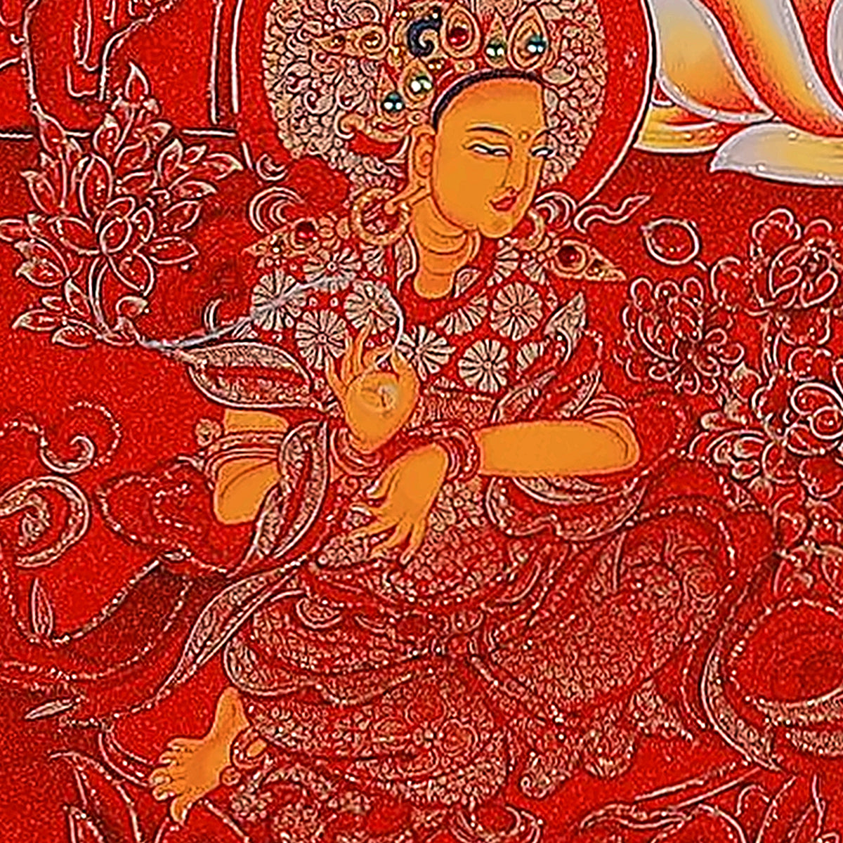 White Manjushri thangka detail: golden figure seated below