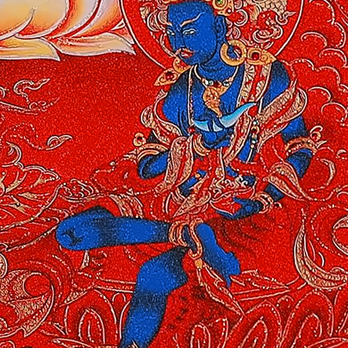 White Manjushri thangka detail: dark blue figure seated below