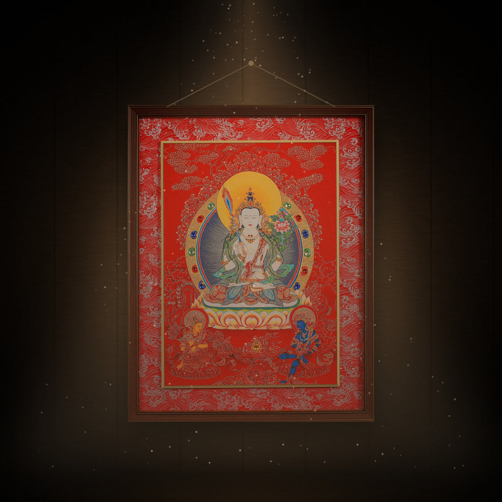 White Manjushri thangka hanging in a room under warm light