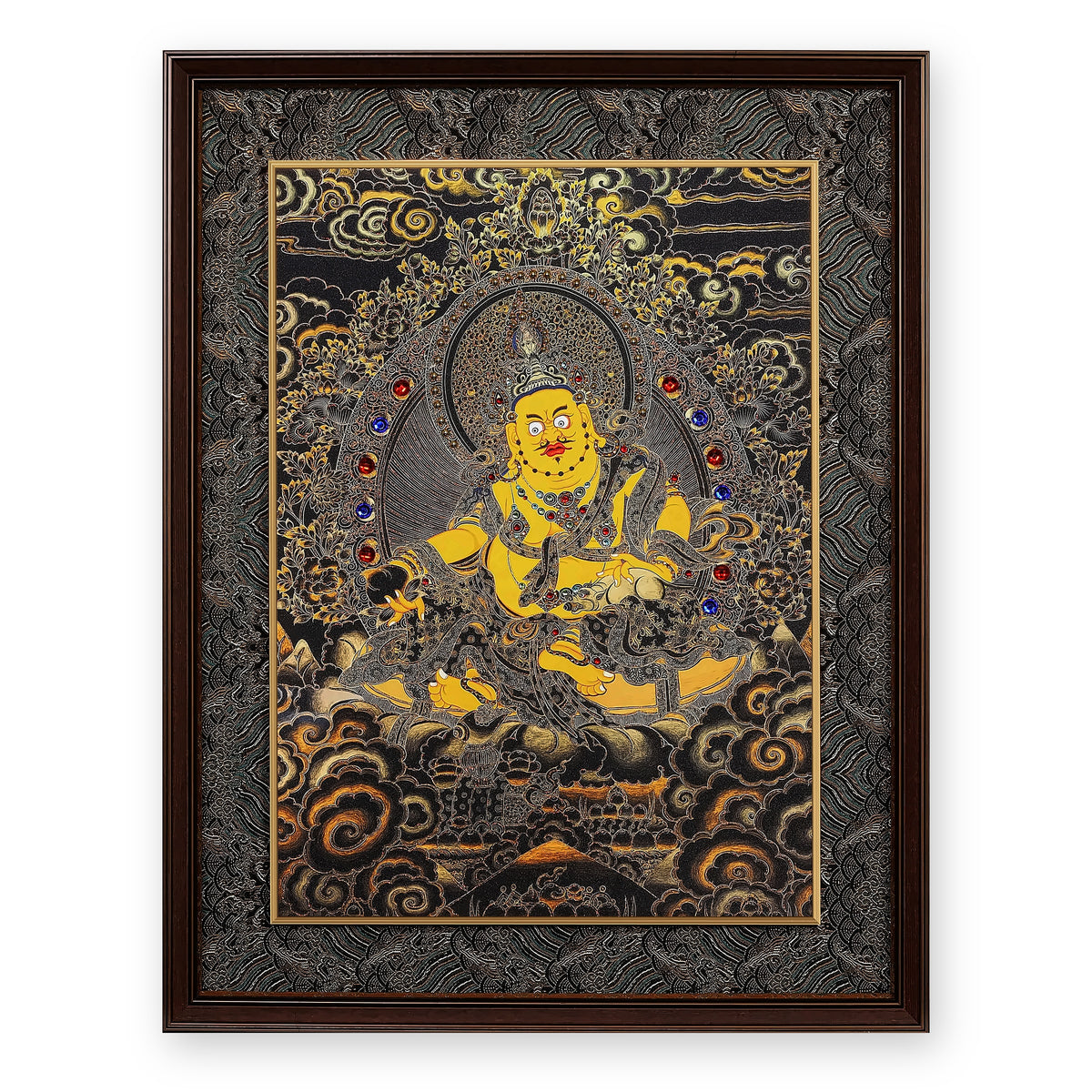 Yellow Jambhala black and gold thangka, framed in Ink & Gold silk brocade, on a white background