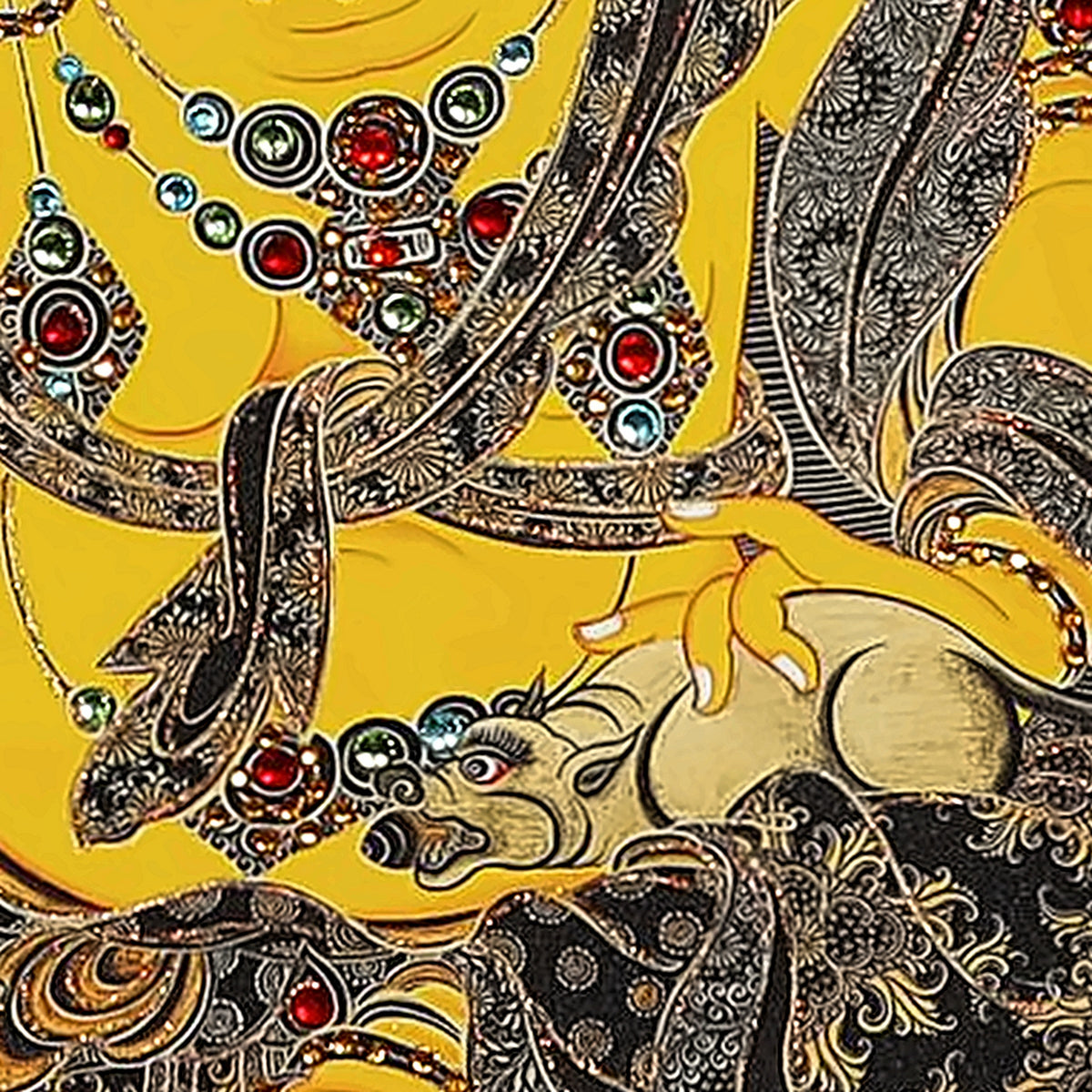 Yellow Jambhala thangka detail: left hand holding the mongoose