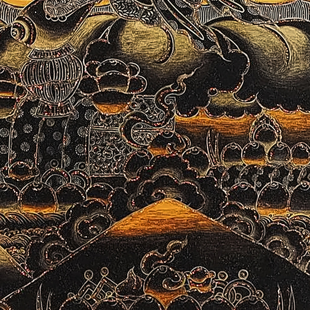 Yellow Jambhala thangka detail: clouds and mountains in gold line on the black ground