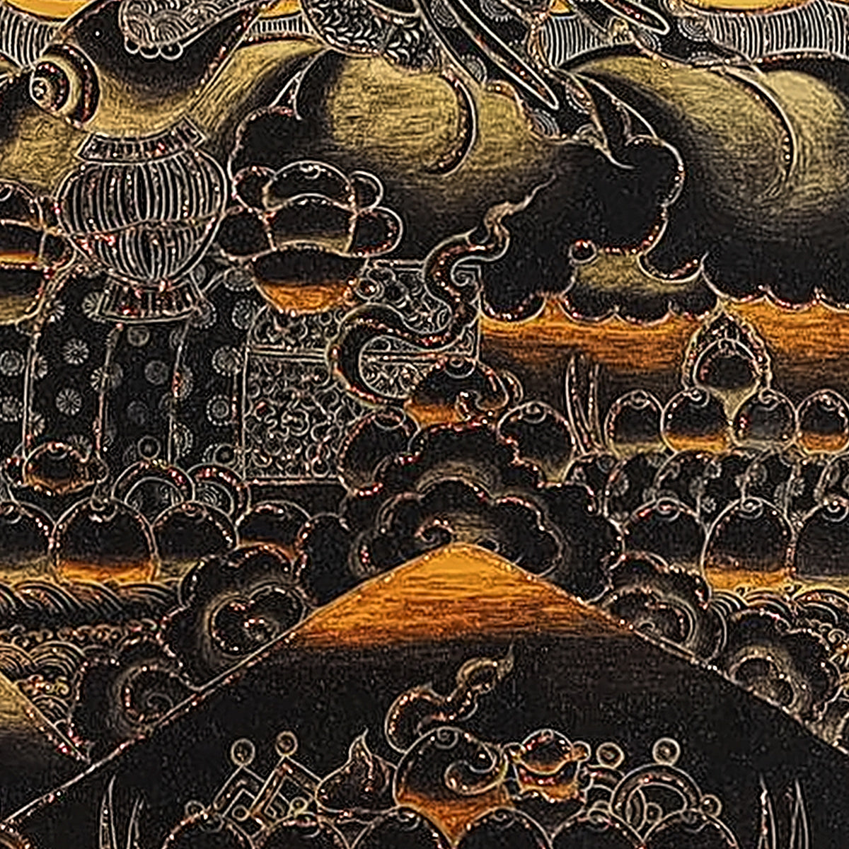Yellow Jambhala thangka detail: clouds and mountains in gold line on the black ground