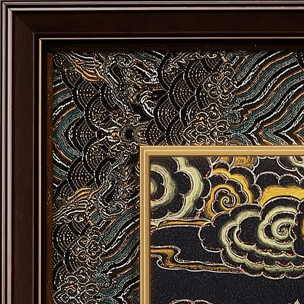 Yellow Jambhala thangka detail: corner of the black and silver silk brocade frame-within-a-frame